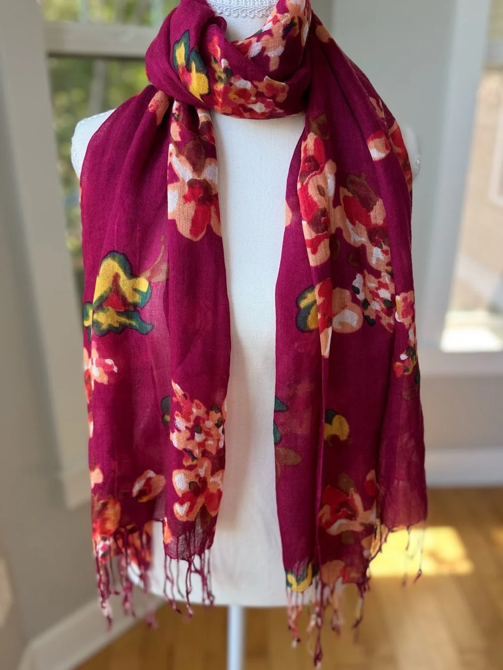 Vintage Burgundy Floral Lightweight Rectangle Scarf with Fringe